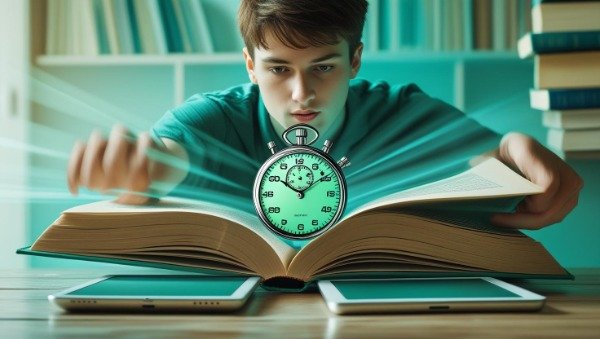 Person speed reading a book with a stopwatch to learn how to speed read
